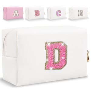 Small Personalized Glitter Initial Letter Makeup Bag, Cute Pu Leather Chenille🙈